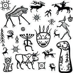 Animation image of ancient rock paintings. Drawing on a stone a menhir. Set of petroglyphs,mystical symbols, animals, people and gods.Vector illustration isolated on a white background.