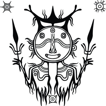 Animation image of ancient pagan deity. God of a rain and thunder.The drawing on a stone a menhir.Solar symbols. The vector illustration isolated on a white background. Print, poster, t-shirt, card.
