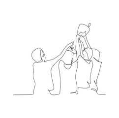 Team holding award trophy for show their victory - continuous one line drawing