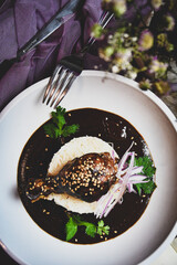 Mexican mole with chicken legs and steamed rice