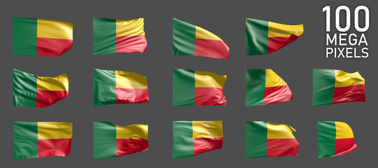 Benin flag isolated - different images of the waving flag on grey background - object 3D illustration