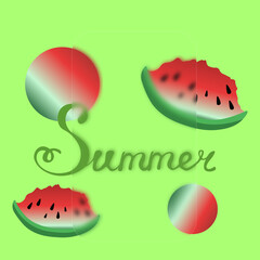 Summer the inscription is handwritten . frosted Glass Effect, Gradient . green background, watermelon, circles . bright summer illustration in the flat style, a blank for printing
