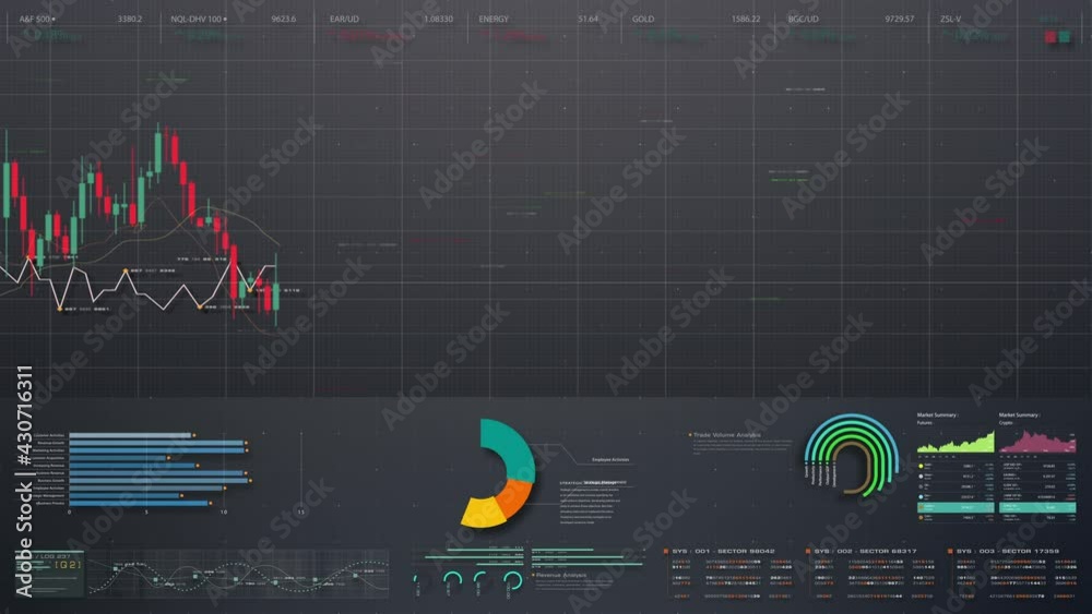 Leinwandbilder Business stock market, trading, info graphic with animated graphs, charts and data numbers insight analysis to be shown on monitor display screen for business meeting mock up theme