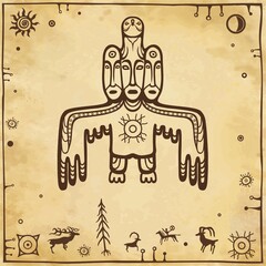 Animation image of ancient pagan deity. God, idol, totem. Bird with three human faces. Symbols of wild animals, sun, wood.Background - imitation of old paper. Vector illustration. Print, poster, card