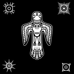 Animation image of ancient pagan deity. Bird y with a human face on a breast. God, idol, totem. Solar symbol. White vector illustration isolated on a black background.Print, poster, t-shirt, card.