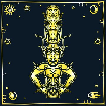 Animation image of ancient pagan god. Drawing of rock painting. Deity, idol, icon, totem. Space symbols. Imitation of gold on a black background. Vector illustration. Print, poster, card