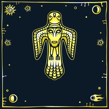 Animation image of ancient pagan deity. Bird y with a human face on a breast. God, idol, totem, icon. Space symbols. Imitation of gold on a black background. Vector illustration. Print, poster, card