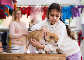 Portrait of happy kid girl with her dog standing in pet shop during shopping with mother