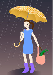 A woman wearing  boots , who goes grocery shopping on a rainy day with an umbrella.