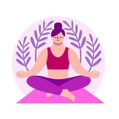 girl sitting in lotus position and meditating. color vector illustration