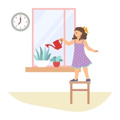 Cute girl watering houseplants, helping parents with cleaning house, flat vector illustration. Kids household chores.