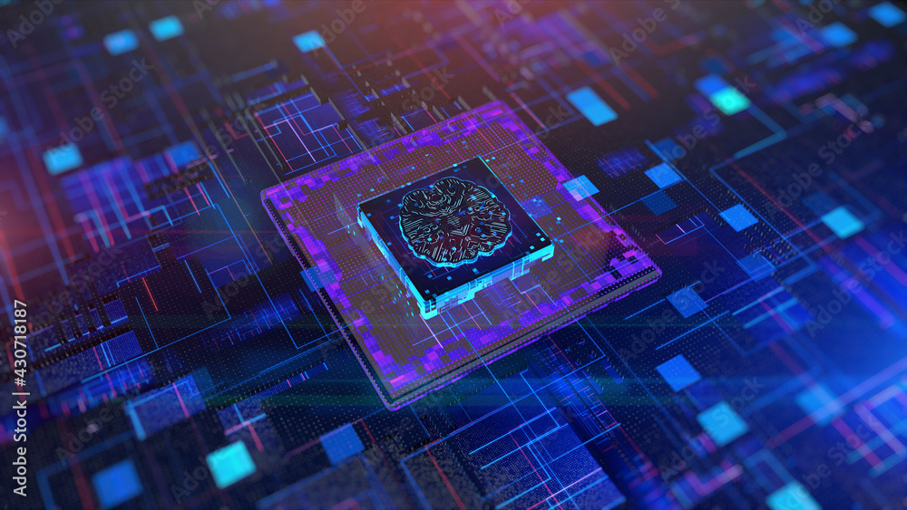 Poster cpu and brain over circuit board artificial intelligence ai concept. future technology digital data 