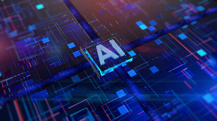 CPU Processor Over Circuit Board Artificial Intelligence AI Concept. Future Technology Digital Data...