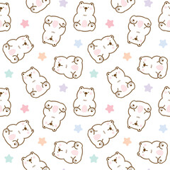 Seamless Pattern of Cartoon White Bear and Pastel Star Design on White Background