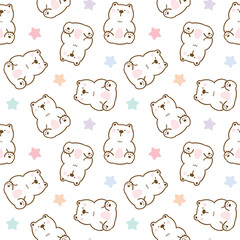 Seamless Pattern of Cartoon White Bear and Pastel Star Design on White Background