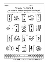 Educational math puzzle. Pictorial representation of fractions, reperesented by various shapes, recognition worksheet. Answers included.
