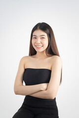 Portrait of beautiful asian woman makeup of cosmetic, girl hand touch cheek and smile attractive, face of beauty perfect with wellness isolated on white background with skin healthcare concept.