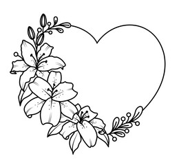 Lilies with heart shape. Flowers outline, vector illustration.