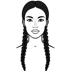 Asian beauty. Animation portrait of a beautiful girl with braids .  Vector illustration isolated on a white background. Print, poster, t-shirt, card. - obrazy, fototapety, plakaty