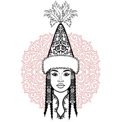 Asian beauty. Animation portrait of a beautiful girl in ancient national cap and jewelry. Red ethnic pattern. Central Asia. Vector illustration isolated. Print, poster, t-shirt, card.