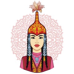 Asian beauty. Animation portrait of a beautiful girl in ancient national cap and jewelry. Red ethnic pattern. Central Asia. Vector illustration isolated. Print, poster, t-shirt, card.