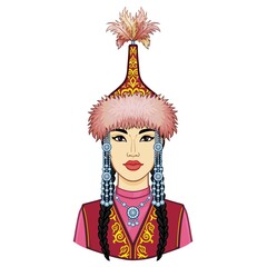 Asian beauty. Animation portrait of a beautiful girl in ancient national cap and jewelry. Central Asia. Vector illustration isolated. Print, poster, t-shirt, card.