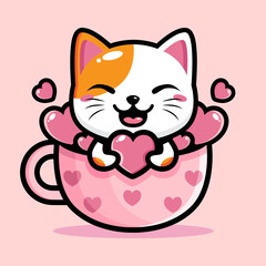 cartoon cute fortune cat vector design is on a cup filled with hearts