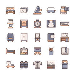 Set of Bedroom icons with outline color style.
