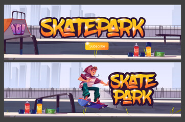 Skate park banners with boy riding on skateboard. Vector cartoon illustration of skatepark with ramps, graffiti on wall, aerosols and teenager jump on track. Playground for extreme sport activity