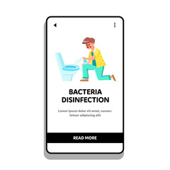 Bacteria Disinfection Spraying Man Toilet Vector. Boy With Bacteria Disinfection Spray Cleaning And Sanitizing Restroom. Character Guy Hygienic Procedure Web Flat Cartoon Illustration