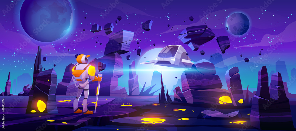 Wall mural astronaut on alien planet and flying spaceship. cosmonaut and shuttle explore outer space. vector ca