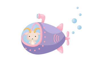 Cute little goat sail on violet submarine. Cartoon character for childrens book, album, baby shower, greeting card, party invitation, house interior. Vector stock illustration.