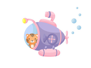 Cute little tiger sail on violet submarine. Cartoon character for childrens book, album, baby shower, greeting card, party invitation, house interior. Vector stock illustration.