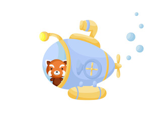 Cute little red panda sail on blue submarine. Cartoon character for childrens book, album, baby shower, greeting card, party invitation, house interior. Vector stock illustration.