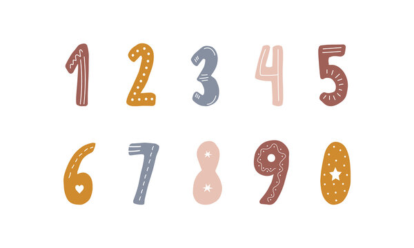Hand drawn numbers in boho style. Cute symbols for banners, nursery design, postcards. Clipart isolated in white background. Vector illustration in flat cartoon style.