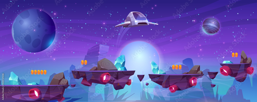 Wall mural space game level background with platforms and flying spaceship. vector cartoon illustration of cosm