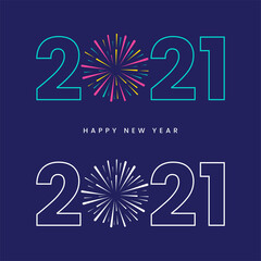 Happy New Year 2021. Typography 2021 with unique firework in number 0. Template for products, advertizing, web banners, leaflets, certificates, calendar, postcards and many more. Vector illustration. 