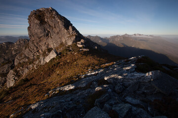 Sunrise in the Western Arthur Range, Southwest National Park, Tasmania. World Heritage Area