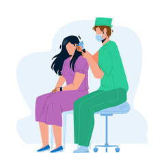 Audiologist Checking Patient Girl Ears Vector. Audiologist Doctor Man Examining Young Woman Hearing In Hospital Cabinet. Characters Health Check And Treatment Flat Cartoon Illustration