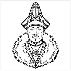Animation portrait of an Asian man warrior in ancient clothes. Central Asia. Vector monochrome illustration isolated on a white background. Print, poster, t-shirt, card. coloring book.