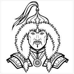 Animation portrait of an Asian man warrior in ancient armor. Central Asia. Vector monochrome illustration isolated on a white background. Print, poster, t-shirt, card. coloring book.