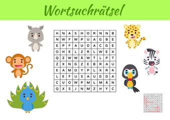 Wortsuchrätsel - Word search puzzle. Kids activity worksheet colorful printable version. Educational game for study German words. Includes answers. Vector stock illustration