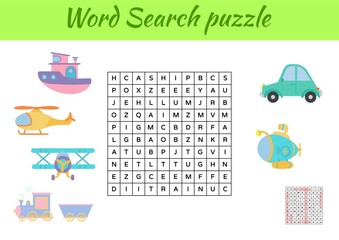 Naklejka premium Game template word search puzzle of animals for children with pictures. Kids activity worksheet printable version. Educational game for study English words. Includes answers. Vector stock illustration