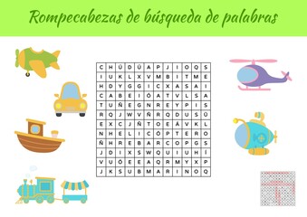 Rompecabezas de búsqueda de palabras - Word search puzzle. Educational game for study Spanish words. Kids activity worksheet colorful printable version with answers. Vector stock illustration