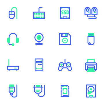 Hardware, computer components line icons set