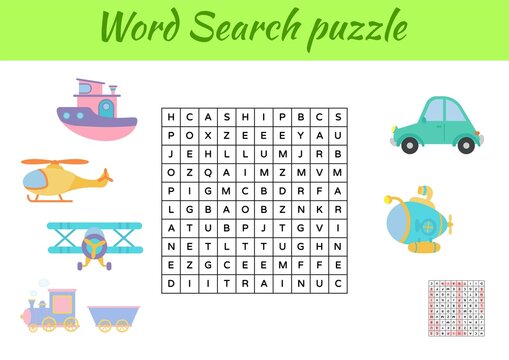 Game template word search puzzle of animals for children with pictures. Kids activity worksheet printable version. Educational game for study English words. Includes answers. Vector stock illustration