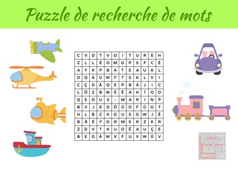 Naklejka premium Puzzle de recherche de mots - Word search puzzle with pictures. Educational game for study French words. Kids activity worksheet colorful printable version. Includes answers. Vector stock illustration