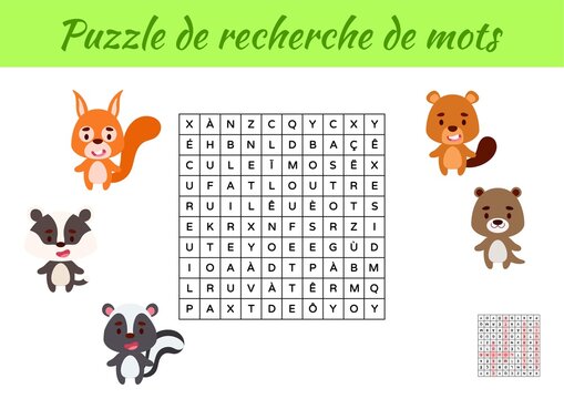 Puzzle de recherche de mots - Word search puzzle with pictures. Educational game for study French words. Kids activity worksheet colorful printable version. Includes answers. Vector stock illustration