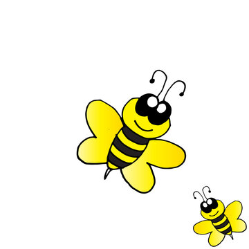 two cute bees illustration on white background. flying bee icon. hand drawn vector. yellow and black color. doodle art for logo, label, sticker, clipart, wallpaper, cover, poster, banner, backdrop. 