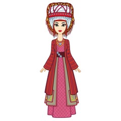 Asian beauty. Animation portrait of a beautiful girl in ancient national costume and turban. Married woman's headdress. Full growth. Central Asia. Vector illustration isolated. White background. 